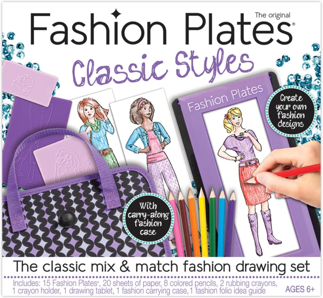 Fashion Plates Classic – Girls Fashion, MixandMatch Drawing Kit, Arts and Crafts, Coloring, Art Supplies, Craft Supplies, Stencils, Crayons Included, Create Your Own Designs, Ages 6+