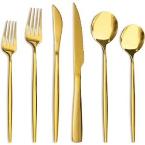 Astercook Silverware Set 48-Piece Gold Flatware Set with Steak Knives Food-Grade Stainless Steel Cutlery Set for 8 Mirror Polished Utensils Set for Home Kitchen Restaurant Valentine's Gift