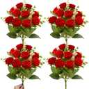 TURNMEON 40 Heads Fake Roses Artificial Flowers for Outdoors Summer Decor, 4 Bouquets UV Resistant Fake Flower Bouquet Faux Silk Roses for Wedding Birthday Party Home Mother's Day Cemetery Decor(Red)