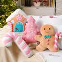4 Pcs Pink Gingerbread Christmas Throw Pillows Pink Candy House Pillow Pastel Gingerbread Throw Pillows Christmas Decorative Furry Faux Fur Pillow for Couch Sofa Xmas Party Decor Room Gift