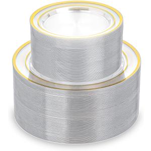 200PCS Clear Plastic Plates with Gold Rim, Disposable Heavy Duty Plastic Plate, 100 Dinner and 100 Dessert Plates for Party and Wedding