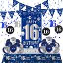 16th Birthday Decorations for Boys Girls, Blue Silver 16th Birthday Decorations Backdrop with Happy 16th Birthday Banner, Number 16 Hanging Swirls, Triangle Flag, 16 Years Old Party Decor Supplies