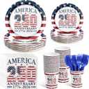 250 Pcs 250th Anniversary 4th of July Party Supplies for 50 Guests Vintage Patriotic Plates Napkins Cups Forks Red White Blue 4th of July Disposable Tableware for Independence Day Party Decor