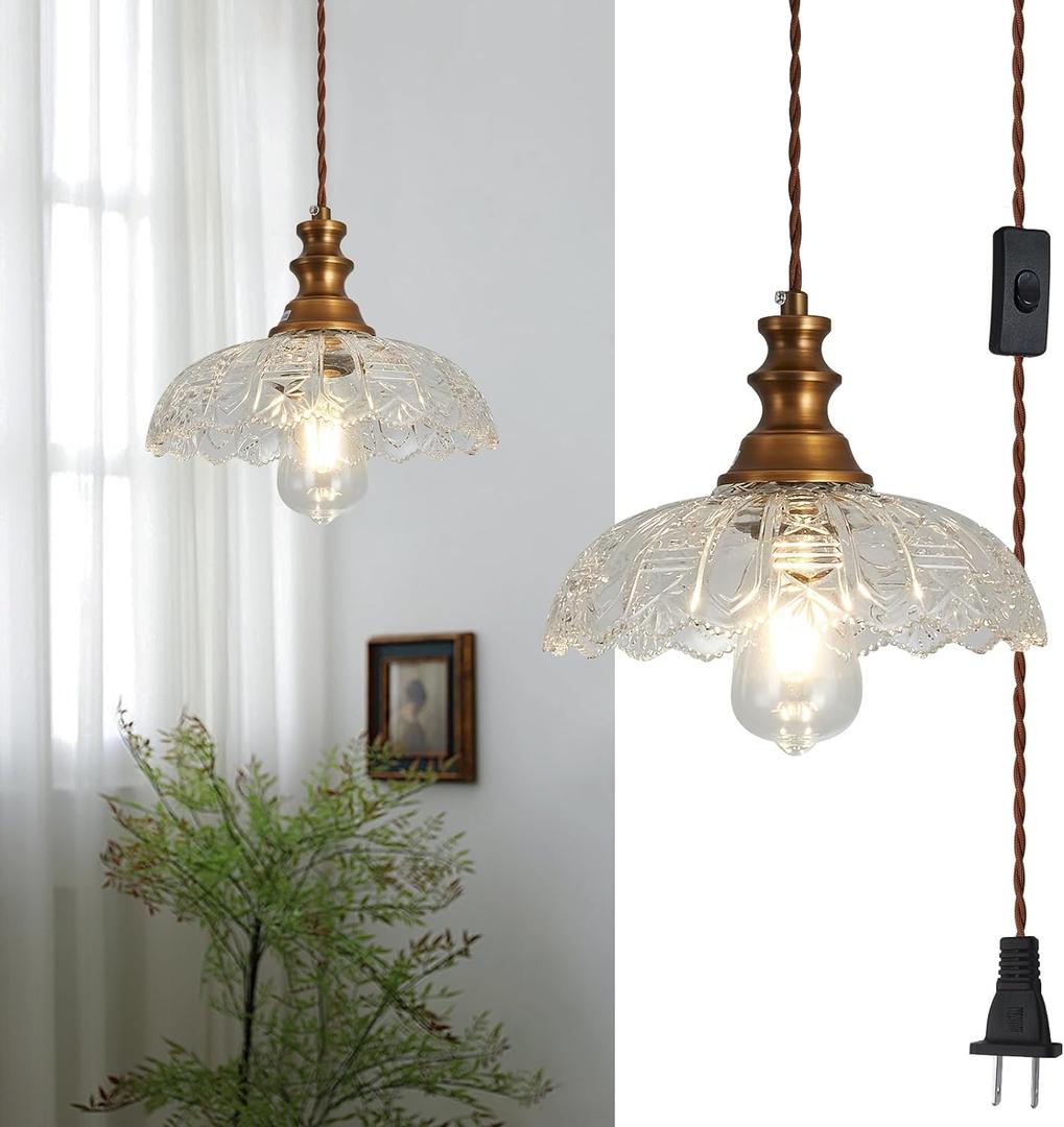Plug in Pendant Light Industrial Pendant Lighting with Plug in Cord 9.8ft Hanging Lamps Clear Glass Shade Bronze Light Fixture for Living Room Kitchen Dining Room Bedroom (Gold)
