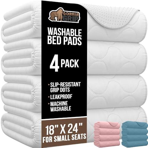 GORILLA GRIP Washable Underpads, Waterproof Reusable Heavy Absorbency Incontinence Bed Pads, Leak Proof Toddler Mattress Pad, 18x24 4 Pack, Slip Resistant for Bedwetting, Adults and Kids, White