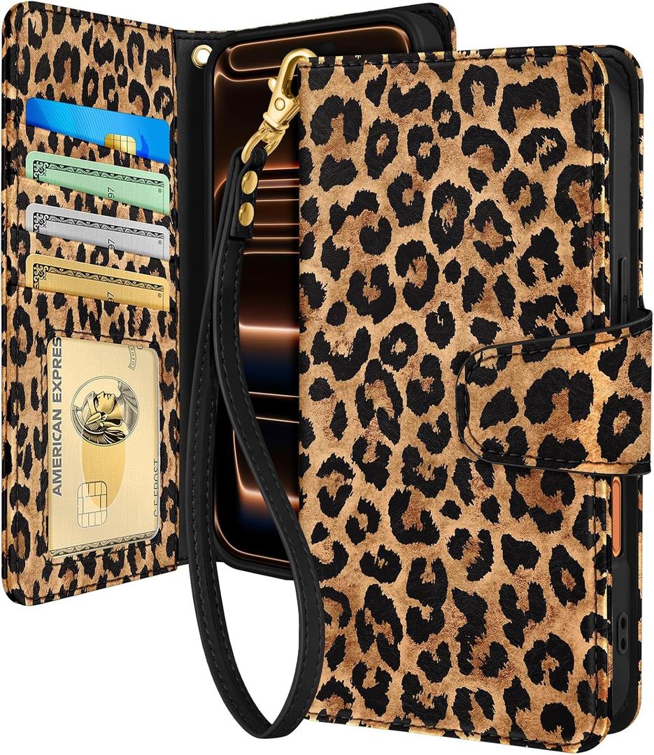 Toycamp for iPhone 17 Pro Wallet Case with Wrist Strap - Leather Flip Folio Phone Case with RFID Blocking 4 Card Holder for Apple for iPhone 17 Pro Funda Cute Aesthetic for Women Ladies, Leopard Print