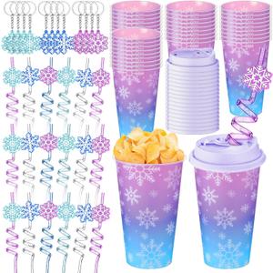 Acellegic 24 Set Snowflake Themed Party Plastic Cups 16 oz Snowflake Cups Gifts with Lids and Straws Keychains Reusable Tumbler for Winter Party Birthday Gifts
