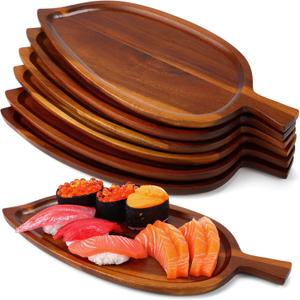Rtteri 6 Pcs Acacia Wood Serving Trays 13" x 5.5" Novelty Leaf Shaped Wooden Dinner Plates for Snacks, Cookies, Fruits Cheese Display Food Dish Home Office