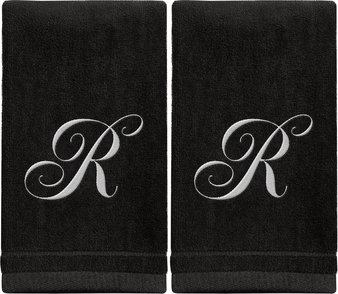 Monogrammed Towels Fingertip, Personalized Gift, 11 x 18 Inches - Set of 2 White Embroidered Towel - Extra Absorbent 100% Cotton - Soft Velour Finish - For Bathroom/ Kitchen/ Spa - Initial R (Black)