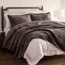 WDCOZY Velvet King Size Quilt Set - Chocolate Striped Soft Lightweight Bedspread, Dark Brown Neutral Channel Farmhouse Country Rustic Coverlet, Coffee Modern Bedding Warm Thin Comforter, 3 Pieces