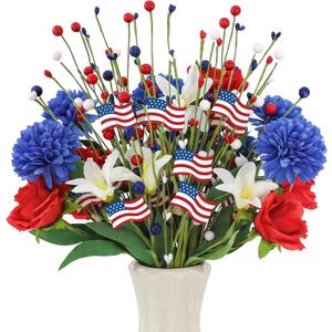 4 Pcs 4th of July Patriotic Decorations Table Centerpieces, 17.7in Red White and Blue Flower Berry Stem Picks Artificial, Memorial Independence Day Flower Decor for Home Party Supplies Vase Filler