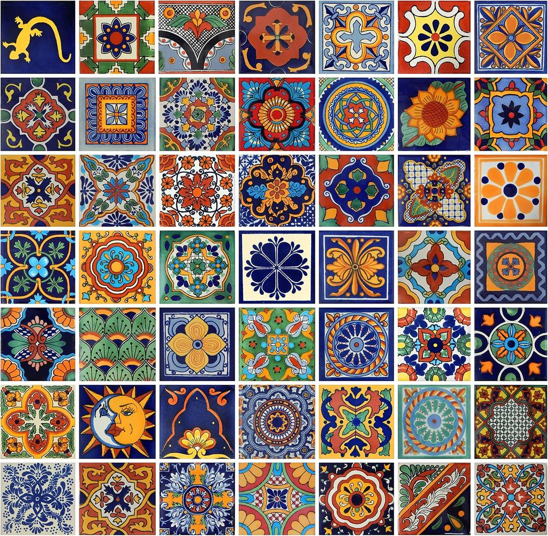 Handmade Mexican Tile Set 100 Pieces — 4x4 Decorative Talavera Tiles — 50 Unique Hand-Painted Designs — Mexican Folk Art Wall Tiles