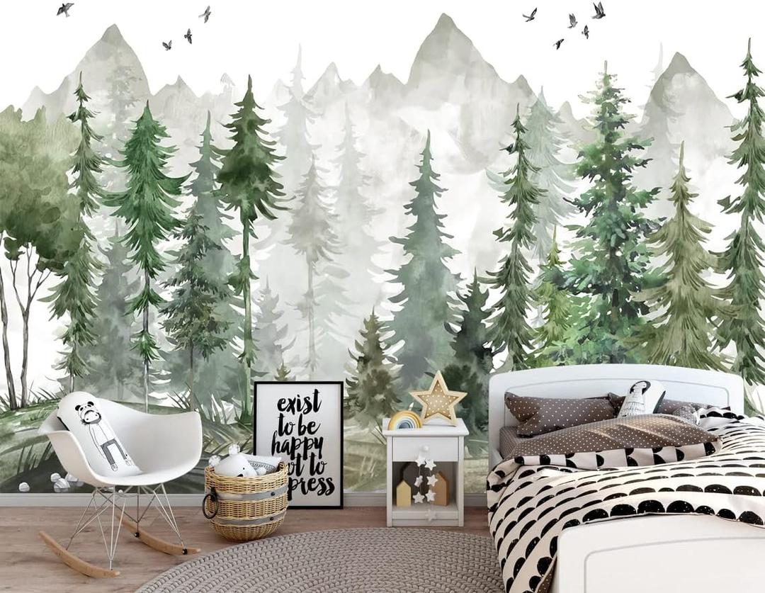 MFWFM Green Forest Wall Mural Watercolor Woodland Wallpaper for Nursery Room (Not Peel n' Stick)