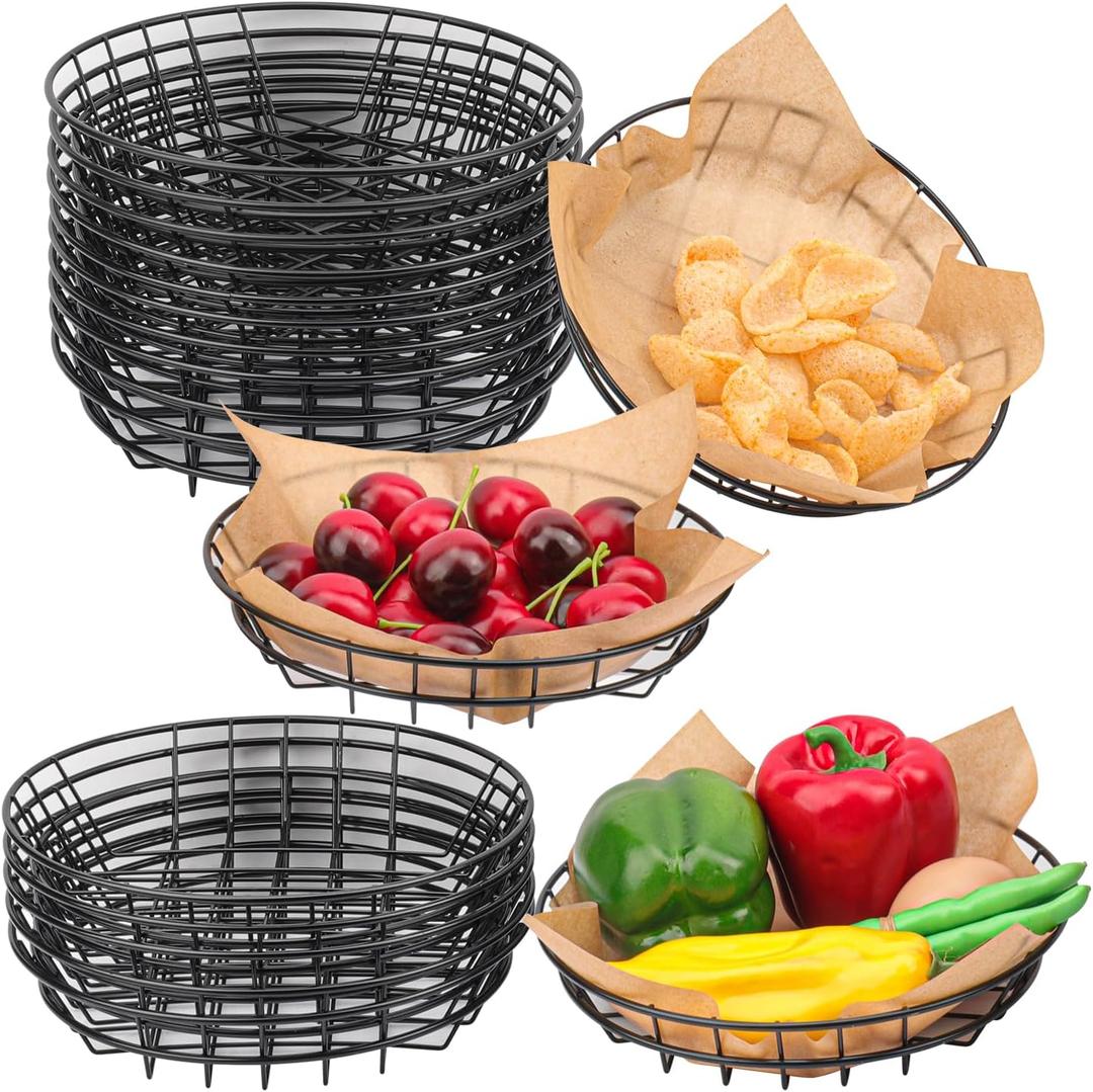 18 Pcs 8 Inch Round Black Wire Baskets for Storage with 50 Sheets Deli Wrappers Paper, Versatile Metal Bread Baskets for Serving, Fast Food, and Kitchen Organization