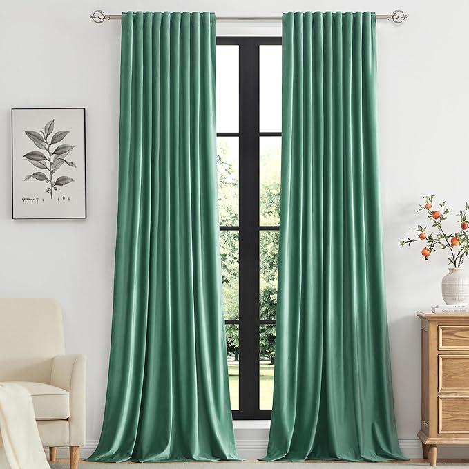 PRIMROSE Velvet Curtains 90 inch Long for Living Room,Set of 2 Panels Stone Grayish Blue Blackout Rod Pocket Back Tab Window Treatment Room Darkening Heavy Decorative Curtains Drapes for Bedroom (52"W x 90"L (Pack of 2), Stone Blue)