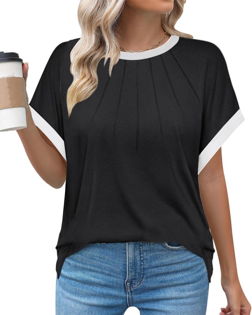 Womens Summer Pleated Shirts Color Block Trendy Tops Dressy Casual Cap Sleeve Blouses Business Shirt Striped Outfits (M, Black)