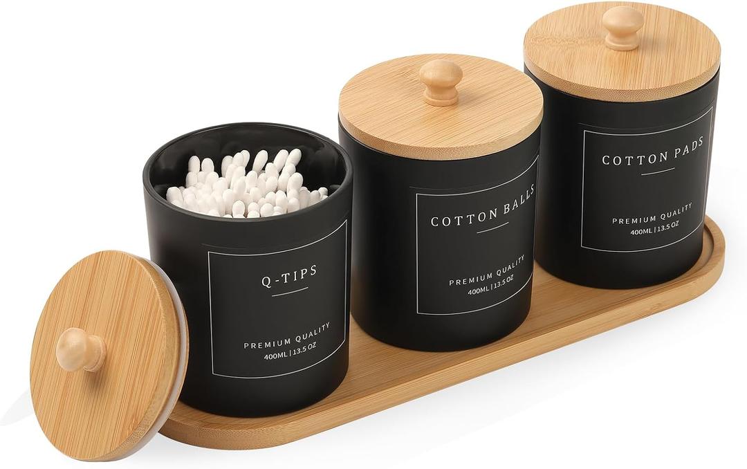 3 Pack Qtip Holder Bathroom Set,Cotton Ball Swab Pad Holder Cotton Round Floss Pick Dispenser with Tray,Glass Apothecary Jars with Lids,Bathroom Organizers and Storage CanistersAmber