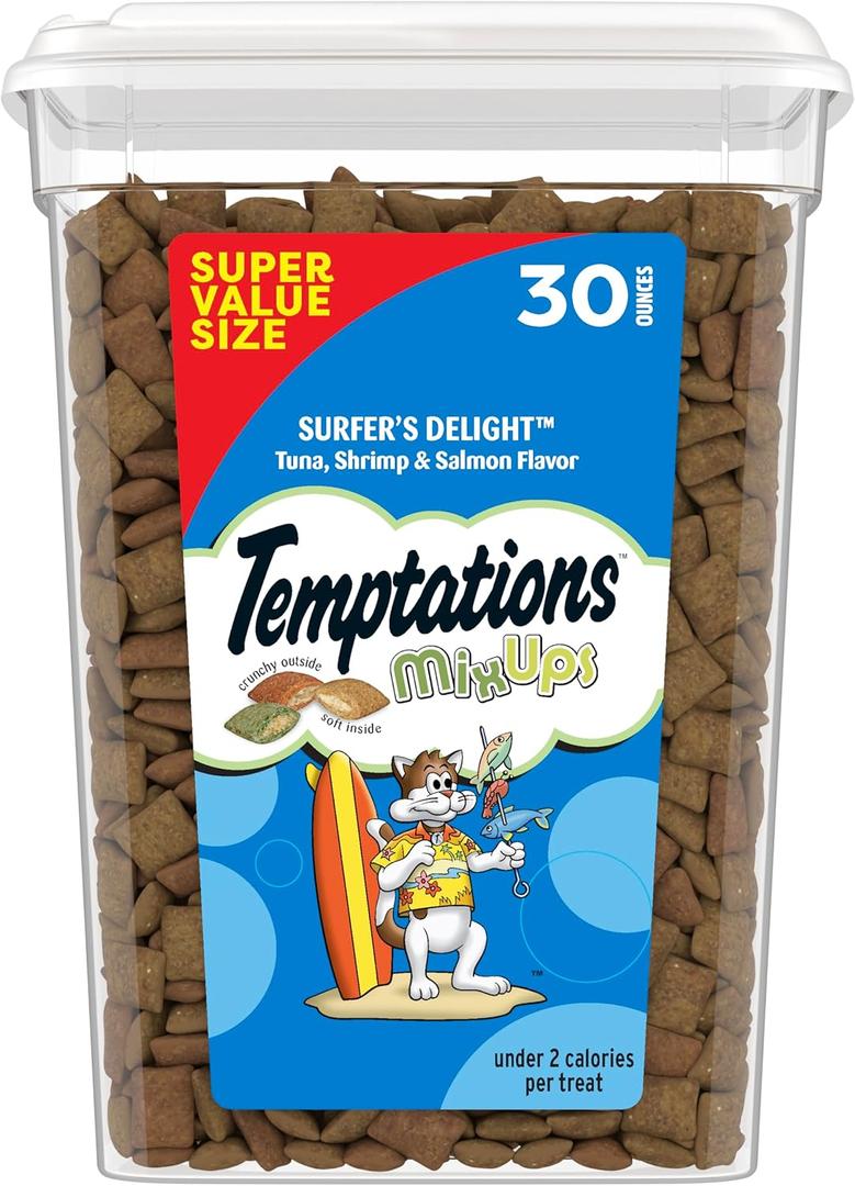 Temptations Cat Treats MixUps Surfer's Delight, Tuna, Shrimp, Salmon Flavor, Crunchy and Soft Cat Treats, 30 oz. Tub (1.88 Pound (Pack of 1)) BBD: 

04/2027