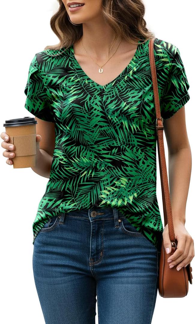 KUOTAI Womens Tops Summer T Shirts Casual V Neck Petal Sleeve Blouses Shirt(Leaf Green, Large)