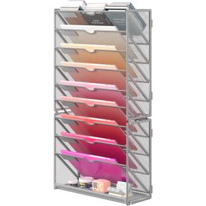 Lavatino 10-Tier Hanging Wall File Folders Organizer - Silver Metal Mesh Paper Magazine Document Mail Holder File Organizer for Office School Home Wall Mount or Desk Supplies Organization