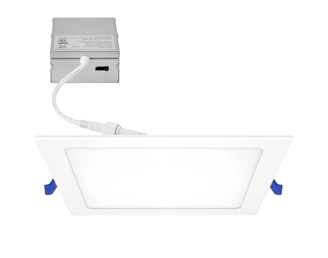 Maxxima 8 in. 5CCT Square Recessed LED Downlight, 1600 Lumens Slim Flat Panel Color Selectable 2700K/3000K/3500K/4000K/5000K, Dimmable, Canless IC Rated, White Trim, J-Box Included