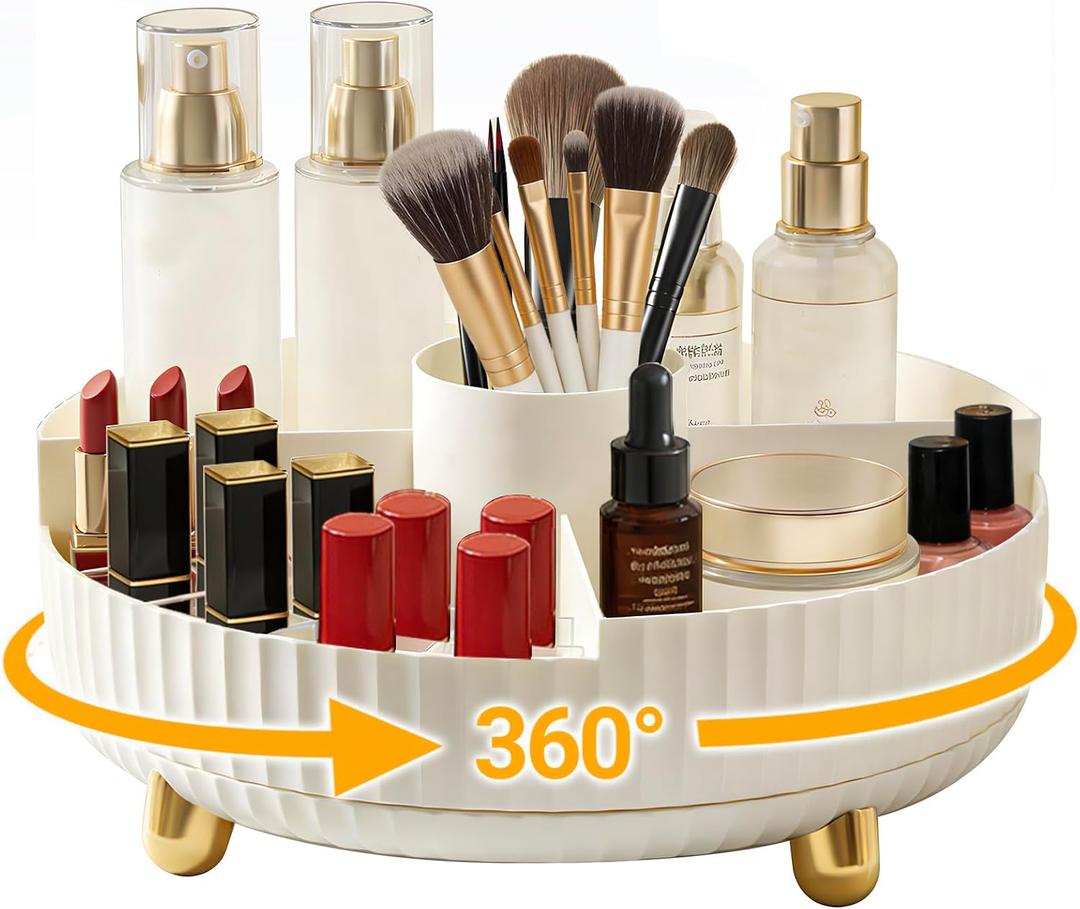 Rotating Makeup Organizer with Brush Holder Spinning Tray for Cosmetics, Skincare, Perfume Bathroom Vanity Storage, White