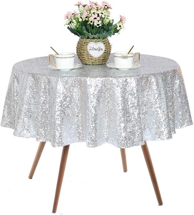 JYFLZQ Silver Round Sequin Tablecloth 50" Small Sparkly Silver Metallic Table Cloths Table Cover Overlay for Wedding Birthday Party Baby Bridal Shower(Suitable for Tables Under 36 inches)