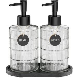MASADI Soap Dispenser Set with Bamboo Tray, Dish and Hand Soap Lotion Dispenser Set with Wooden Pump for Kitchen and Bathroom Decor for Counter, Modern Vintage Liquid Soap Dispensers (Clear&Black)