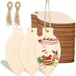 Queekay 50 Pcs Christmas Unfinished Wooden Light Bulb Wooden Slices Blank Hanging Decorations with Rope Unfinished Predrilled Discs for Christmas Crafts DIY Decoration(Wood Color)