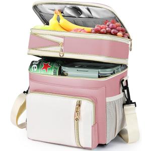 LOKASS Lunch Box for Women, 16L, Double Deck Expandable Insulated Lunch box For Adults/Women Thermal Large Waterproof Leakproof Cooler Bag with Shoulder Strap - Light Pink