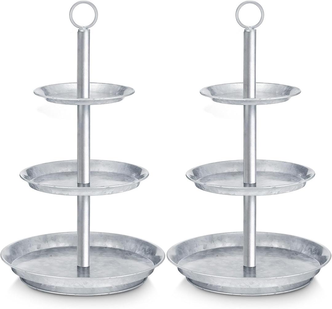 Umigy 2 Packs Galvanized 3 Tier Stand Farmhouse 3 Tier Cupcake Serving Tray Metal Dessert Seafood Display Tower Steel Pastry Holders for Tea Party Wedding Decoration