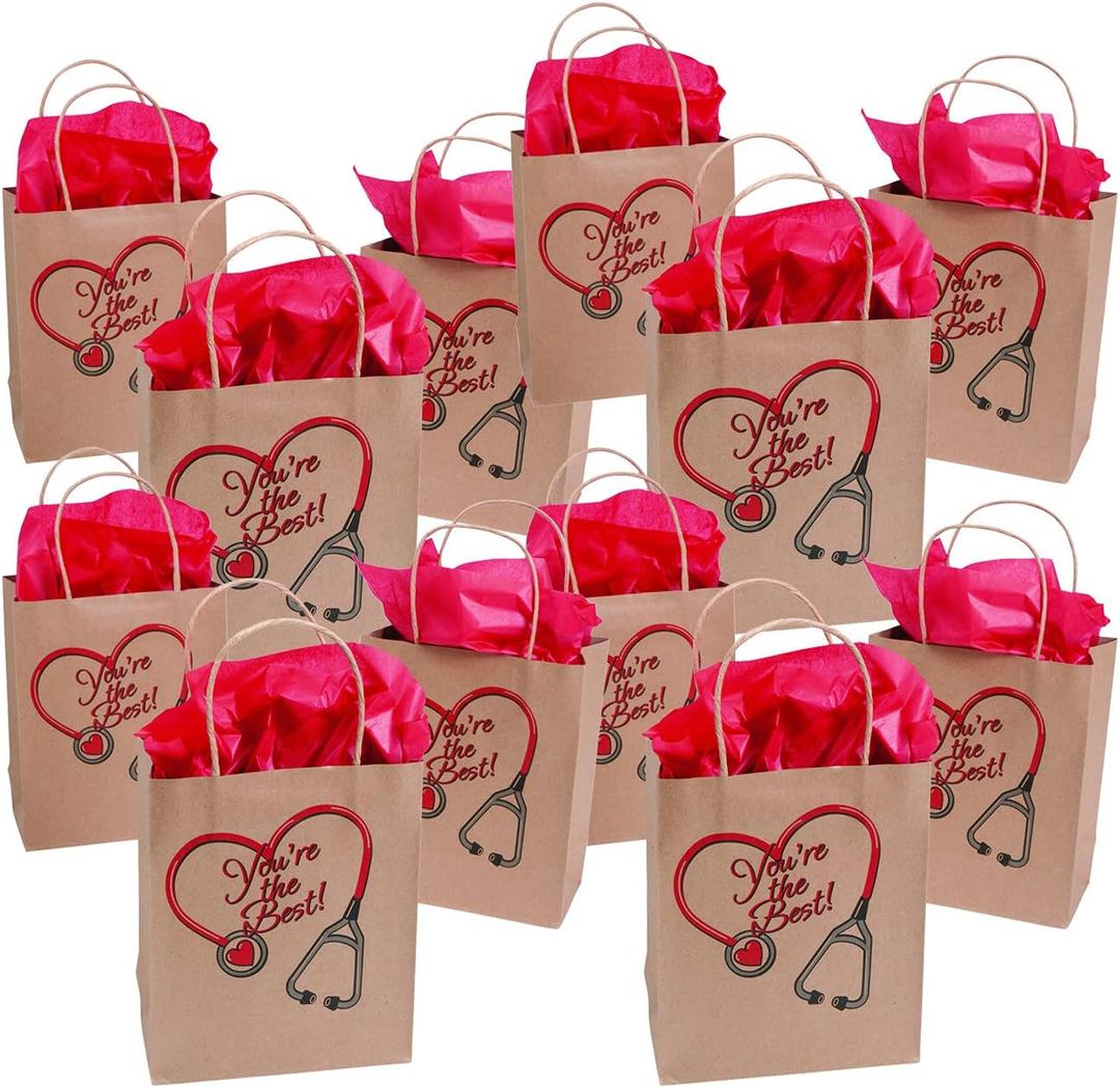 Fun Express Nurse Gift Bags Bulk 12 Pack - Medium Kraft Paper Bags for Nurses Week Gifts, Healthcare Worker Appreciation | 6.5x9 inch Brown Gift Bags with Handles for Medical Staff Thank You Favors