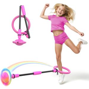 Ankle Skip Ball for Kids, Foldable Colorful Light Flash Wheel Skip Ball for Adults, Indoor Outdoor Game Toys for Kids Girls Boys, Gift for Girls, Boys Ages 5 6 7 8 9 10 11 12 Years Old- Pink