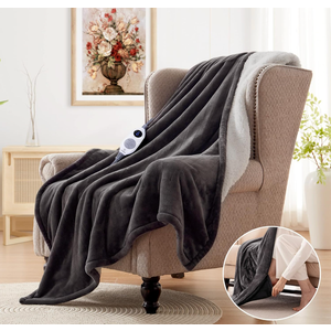 Sealy Electric Blanket Wearable with Foot Pocket, Electric Snuggle Blanket with Sleeves, Flannel & Sherpa Heating Throw with 6 Heat Settings & 210 Hours Auto Shut Off, 50 * 70"+18", Dark Grey