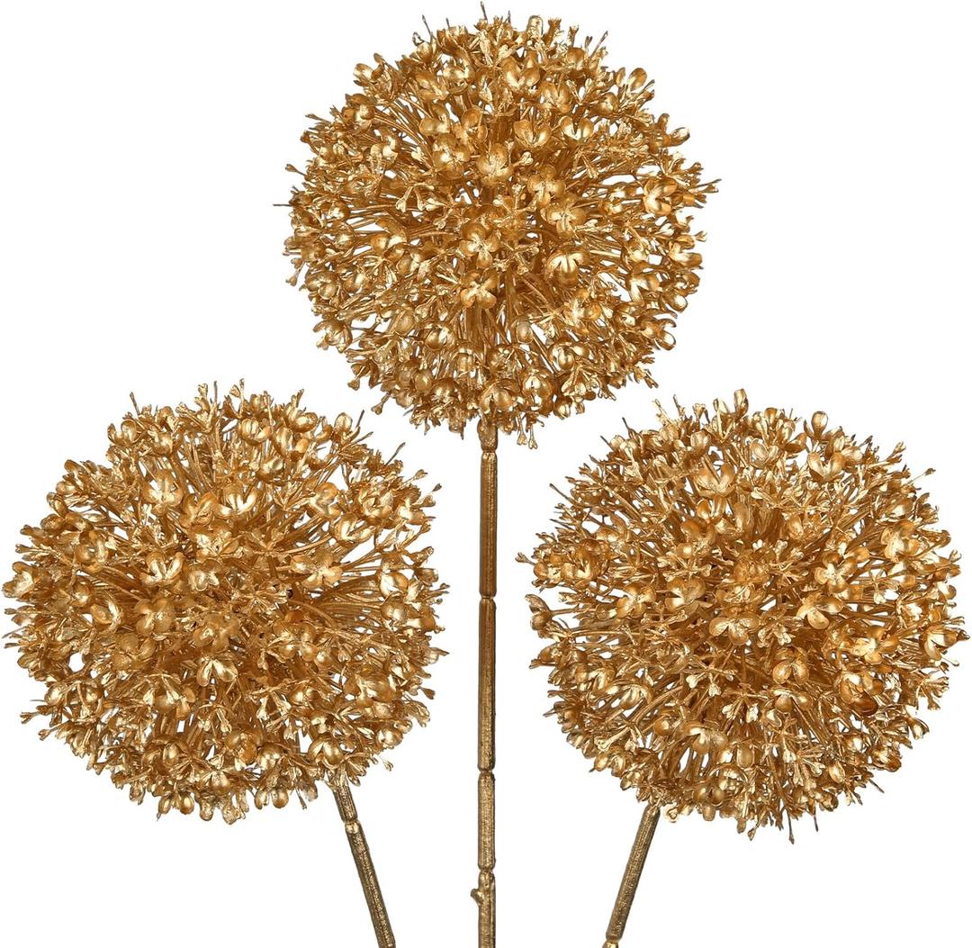 Hollyone 3Pcs Gold Artificial Ball Hydrangea Flowers Fake Silk Hydrangea Ball Flower Floral Arrangements Bouquets Faux Hydrangeas Stems for DIY Wedding Party Centerpieces Decoration Office Home Decor