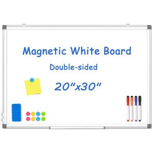 Double-Sided White Board Dry Erase, 20" x 30" Dry Erase Board for Wall with Silver Aluminium Frame, Magnetic Whiteboard for Office, Home, School, Kitchen
