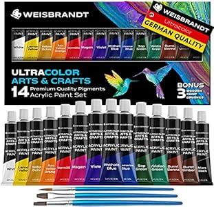 WEISBRANDT Ultra Color Arts & Crafts Acrylic Paints–14 Premium Quality Pigments, Matte Finish, 0.4oz/ 12 ml, Water-Based, for all Porous Surfaces