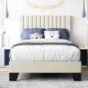 Twin Bed Frame, Velvet Upholstered Platform Bed Frame with Adjustable Headboard, Vertical Quilted Design, Sturdy Slatted Mattress Base, Easy to Assemble, White