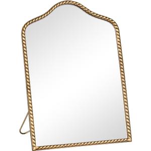Vintage Desk Makeup Mirror, 11.9" L x 8" W Antique Gold Vanity Table Mirror, Metal Framed Scalloped Small Standing Mirrors with Beaded, 360 Adjustable Rotation for Tabletop, Bedroom