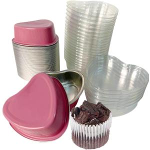 Heart Shaped Mini Cake Pans, 50-Pack Disposable Aluminum Foil | Small Baking Tins with Lids for Cupcakes & Loaves, Ideal for Valentine's, Mother's Day, Weddings & Birthdays (3.4oz/100ml Capacity)
