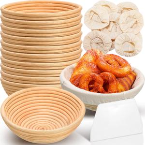 Gejoy Banneton Bread Proofing Basket Set of 8, Round Sourdough Bread Baking Bowl Kit with Cloth Liners and Dough Scrapers Natural Rattan Banneton Sourdough Bowl Basket for Bakers(9 Inch)