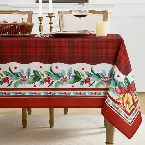 Romanstile Christmas Checkered Rectangle Tablecloth, Winter Holly Bell Table Cloth, Red Buffalo Plaid Xmas Table Cover for Dining, Party, Holiday Decor - 60 x 84 Inch