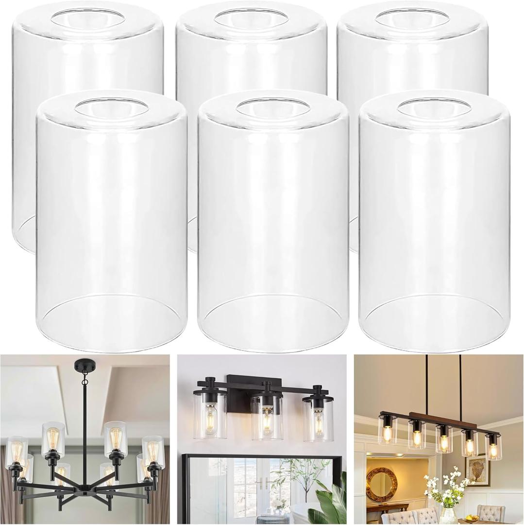 GO&SO 6 Pack Clear Glass Lamp Shade Replacement, 5.9" Height, 3.94" Diameter, 1.65" Fitter - Cylinder Glass Pendant Light Shades Only,High Transmittance for Chandelier Shades,Floor Lamps,Wall Sconces