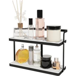 Bathroom Countertop Organizer for Small Spaces, 2-Tier Makeup Shelf with Vanity Tray, Tool-Less Installation Skincare & Perfume Organizer, Non-Slip Design for DresserWhite&Black (Black)