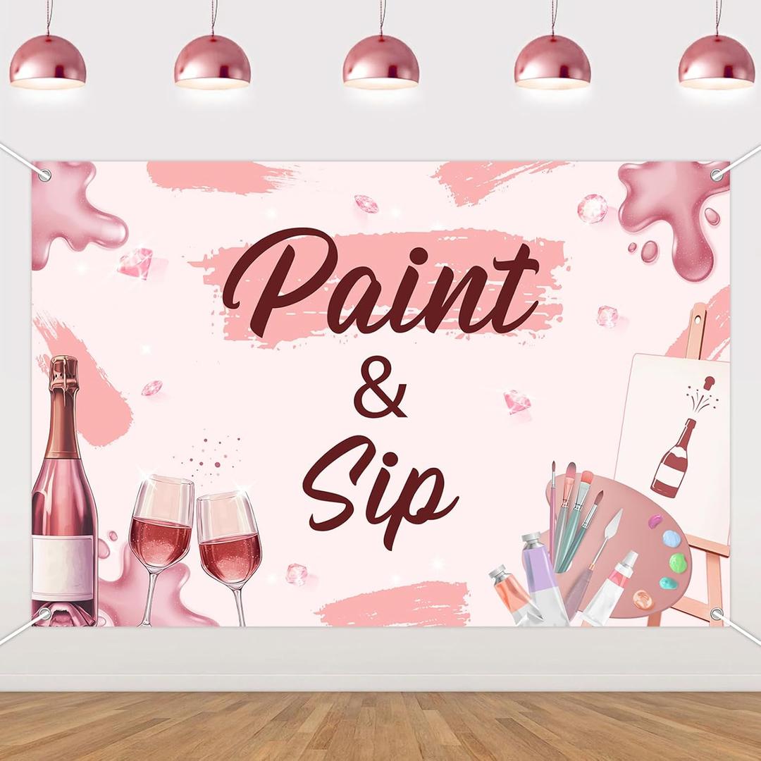 Paint and Sip Party Decorations Backdrop Painting Graffiti Champagne Rose Birthday Photography Background for Adults Date Night Partys Supplies Paint and Sip Ideas Party Sign Photo Booth Props, 5*3