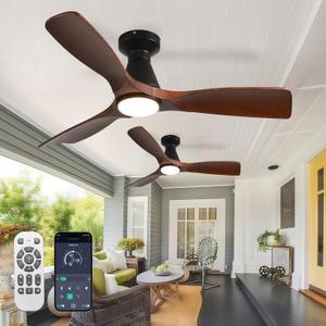 Depuley 2 Pack Ceiling Fans with Lights: 42-Inch Walnut Flush Mount Low Profile Ceiling Fan for Bedroom Living Room - 3 Blades Dimmable Indoor Outdoor Fans with Remote APP Control Ultra Quiet DC Motor Black