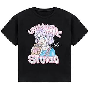 Girls Graphic Tees Summer Casual T Shirts Short Sleeve Crewneck Cute Top Black Cartoon, Size: 4T