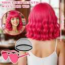 Hot Pink Wavy Curly Bob Wig with Bangs Heart Glasses for Women, 14 Inch Colored Neon Fun Party Hair Replacement Curly Synthetic Wigs for Cosplay Halloween Costume Bachelor Party Music Festival