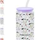 DLOCCOLD Glass Tumbler with Straw and Lid, 20oz Ice Coffee Glass Cup Drinking Glasses for Water, Coffee, Smoothie with 1 Cleaning Brushes (Bat & Boo)