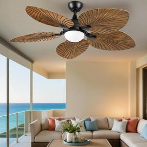 YITAHOME Tropical Ceiling Fan with Light & Remote 52in, Tri-Color LED, 5-Blade Walnut Ceiling Fans Reversible 6-Speed w/Quiet DC Motor Timing Functions for Bedroom, Living Room, Dining Room